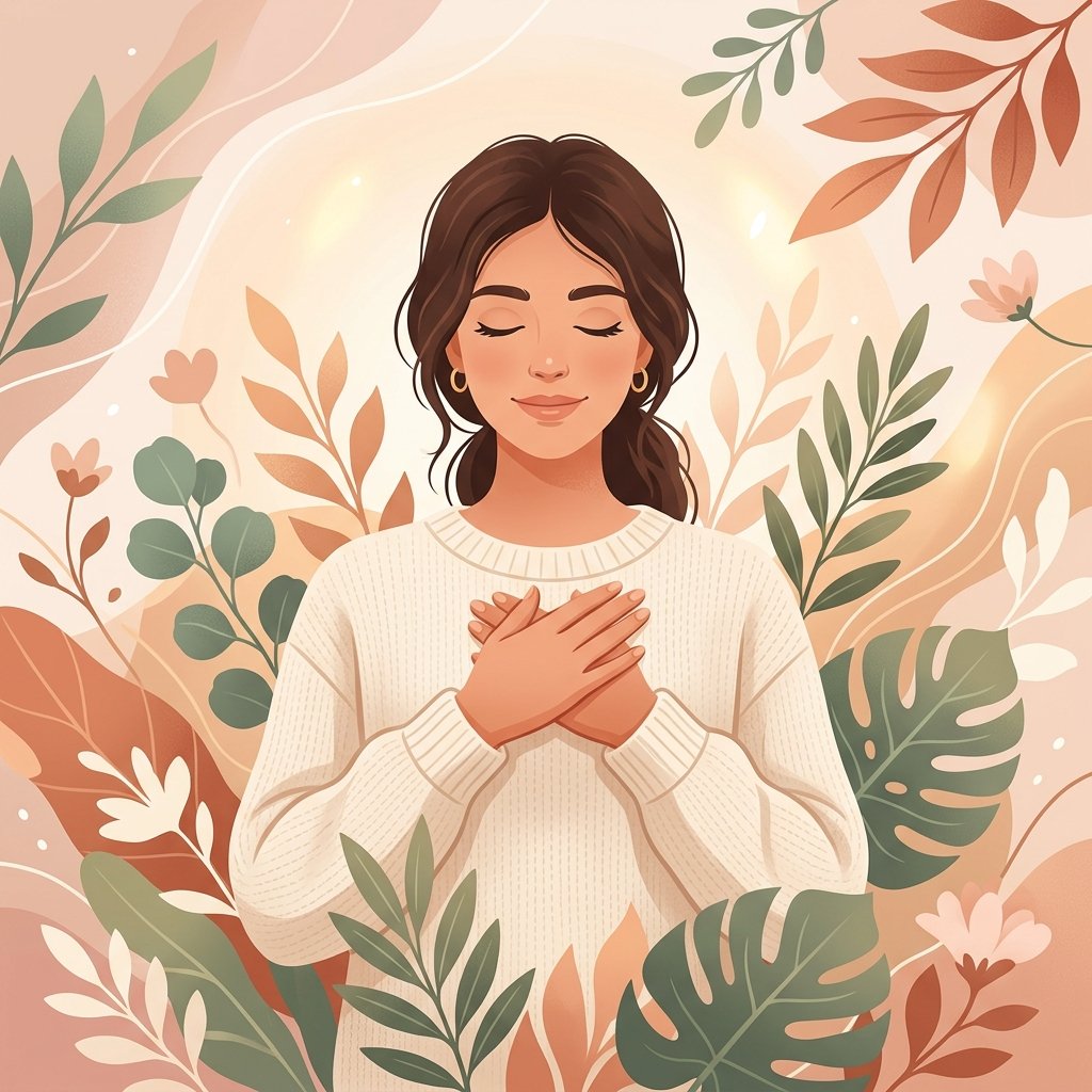 Ilustração de uma mulher calma com a mão no peito, relaxando